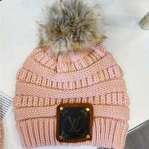 NWT Upcycled Louis Vuitton Pink Knit Beanie with Faux Fur Pom